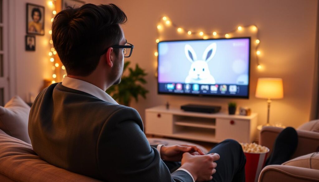 Generate an image of a person enjoying a movie night with Bunnystream on their TV. Generate an image of a person enjoying a movie night with Bunnystream on their TV.