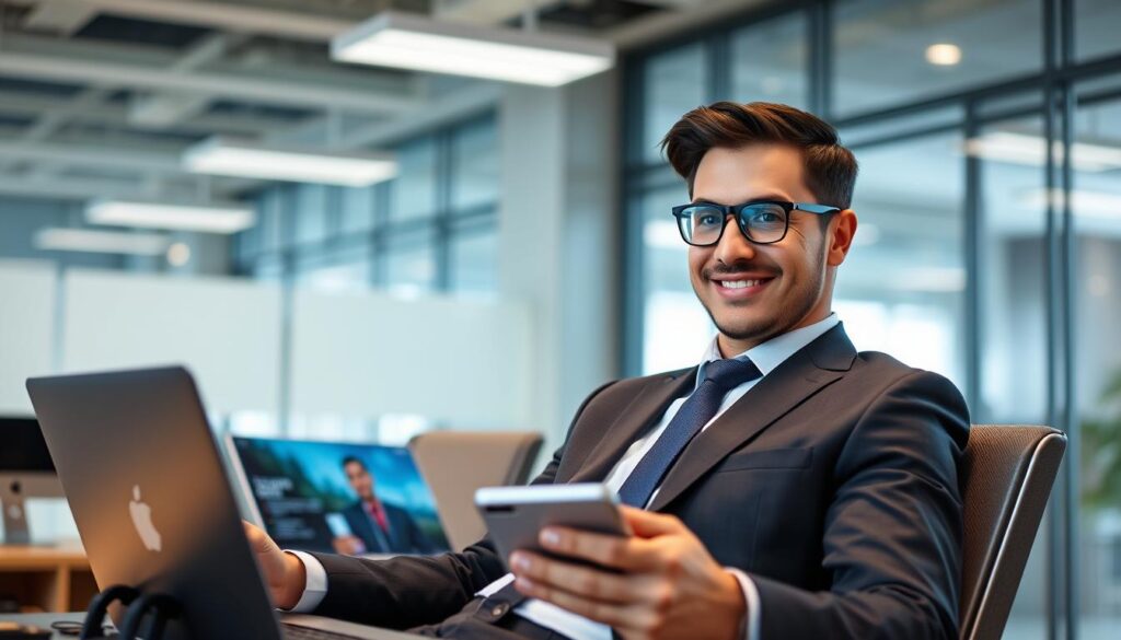 Generate an image of a person enjoying a seamless 4K streaming experience on multiple devices. Generate an image of a person enjoying a seamless 4K streaming experience on multiple devices.
