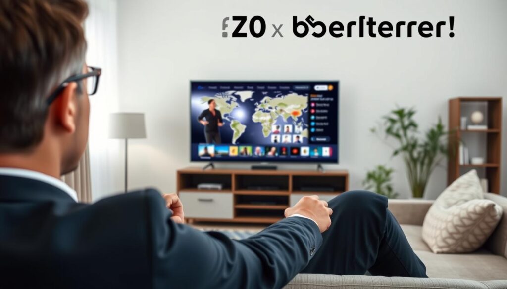 Generate an image of a person enjoying global entertainment on their TV with zero buffering. Generate an image of a person enjoying global entertainment on their TV with zero buffering.