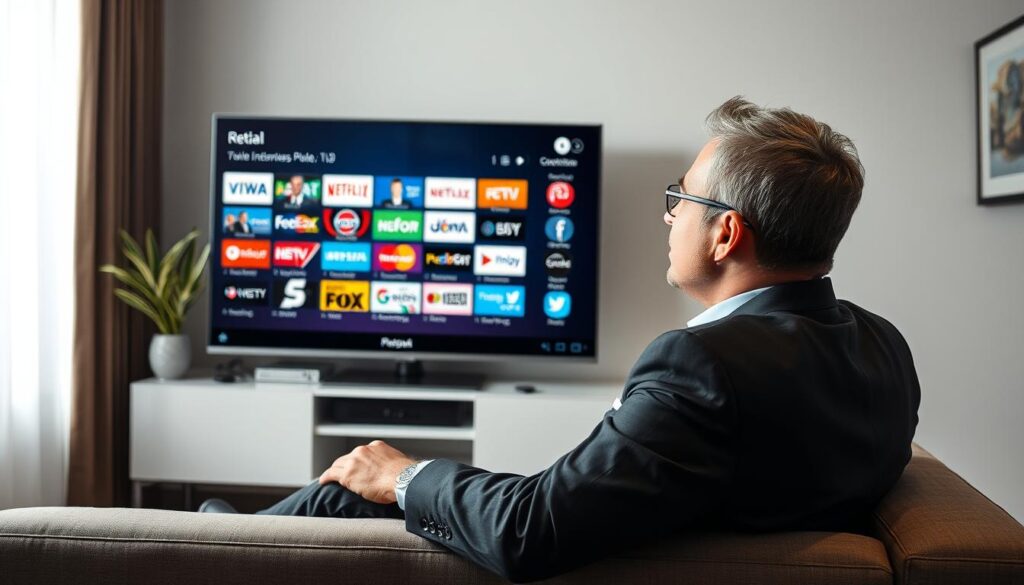 Generate an image of a person enjoying international channels on ReflexSat IPTV. Generate an image of a person enjoying international channels on ReflexSat IPTV.