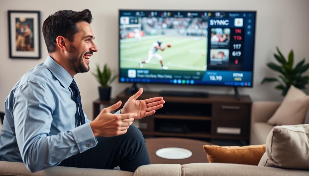 Generate an image of a person enjoying sports content on SYNC IPTV Generate an image of a person enjoying sports content on SYNC IPTV