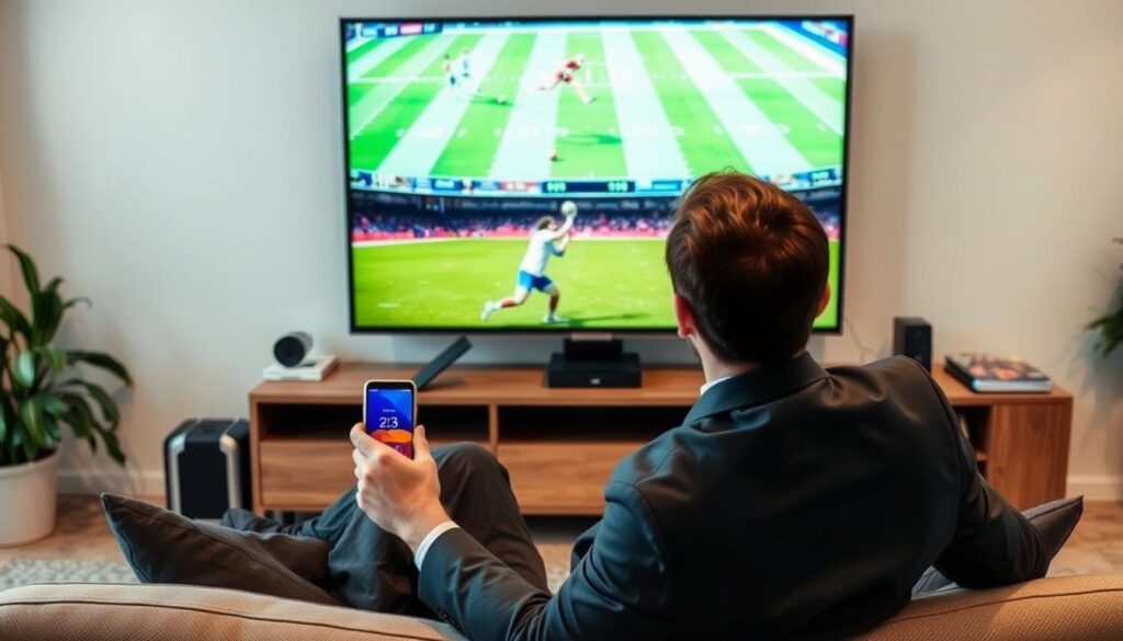 Generate an image of a person enjoying sports on a large screen TV with a variety of devices connected. Generate an image of a person enjoying sports on a large screen TV with a variety of devices connected.