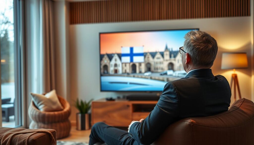 Generate an image of a person enjoying their favorite Finnish show on a 4K TV. Generate an image of a person enjoying their favorite Finnish show on a 4K TV.