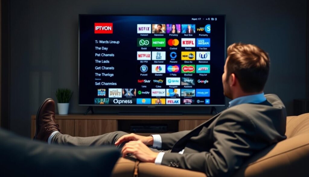 Generate an image of a person enjoying their favorite TV show on IPTVON with a vast channel lineup in the background. Generate an image of a person enjoying their favorite TV show on IPTVON with a vast channel lineup in the background.
