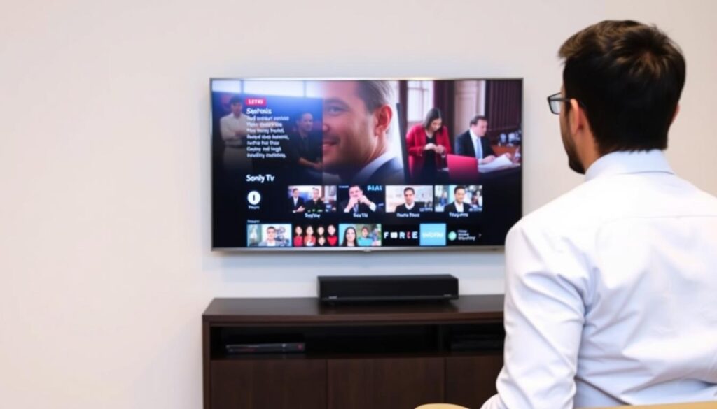 Generate an image of a person enjoying their favorite TV show on Sonix IPTV with a 4K resolution on a large screen TV. Generate an image of a person enjoying their favorite TV show on Sonix IPTV with a 4K resolution on a large screen TV.