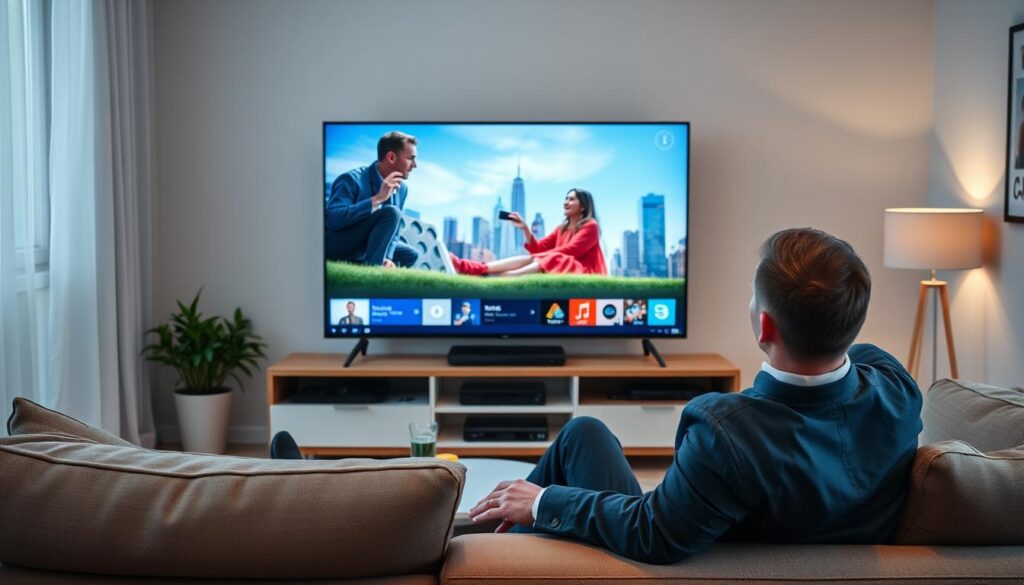 Generate an image of a person enjoying their favorite TV show on a 4K smart TV with a stable internet connection. Generate an image of a person enjoying their favorite TV show on a 4K smart TV with a stable internet connection.
