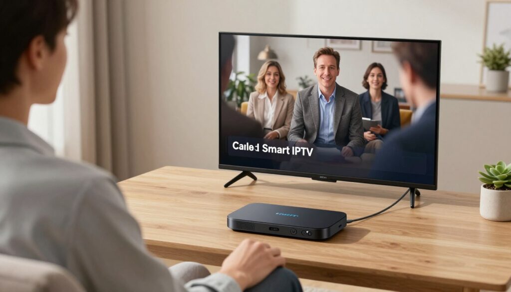 Generate an image of a person enjoying their favorite TV show on a Smart IPTV Player enabled device. Generate an image of a person enjoying their favorite TV show on a Smart IPTV Player enabled device.