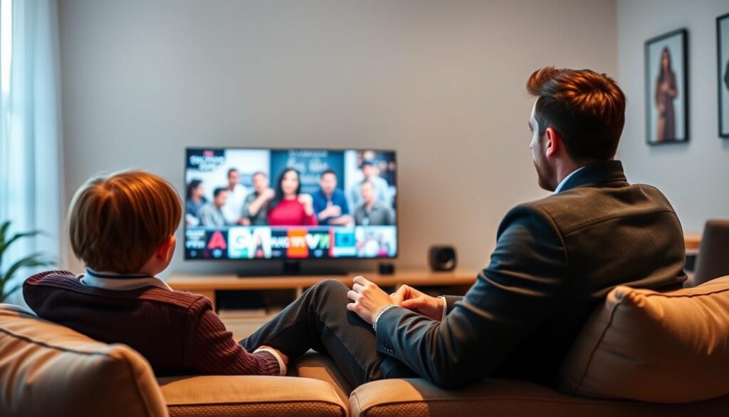 Generate an image of a person enjoying their favorite TV show on a budget-friendly IPTV service with a clear and stable stream. Generate an image of a person enjoying their favorite TV show on a budget-friendly IPTV service with a clear and stable stream.