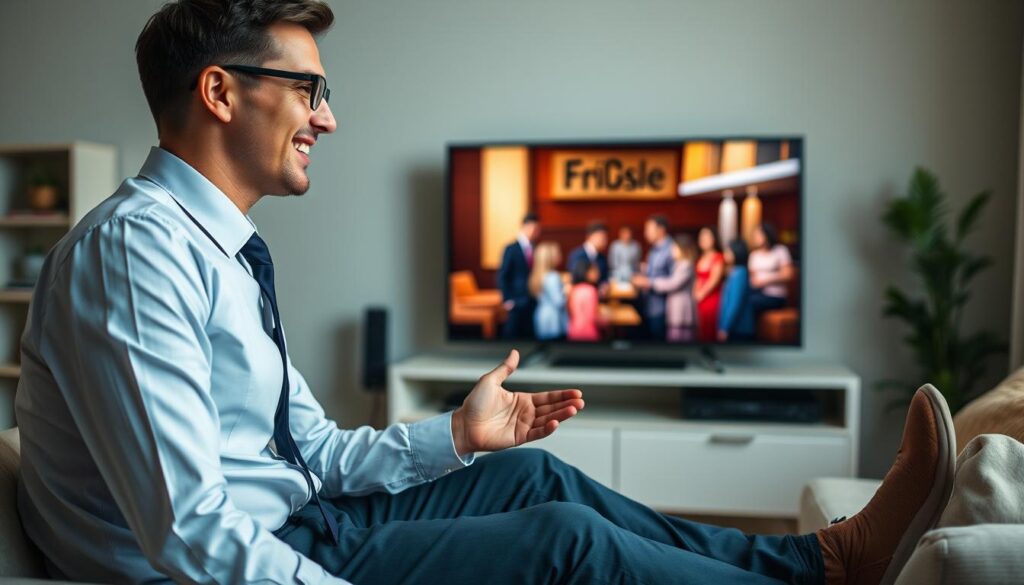 Generate an image of a person enjoying their favorite TV show on a budget-friendly IPTV service with a vast channel selection. Generate an image of a person enjoying their favorite TV show on a budget-friendly IPTV service with a vast channel selection.