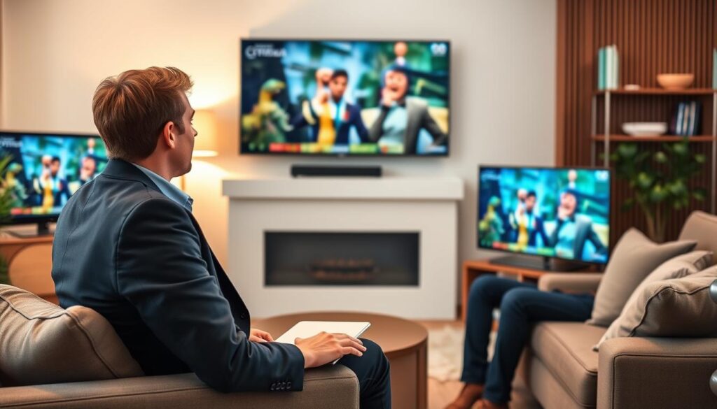 Generate an image of a person enjoying their favorite TV show on a budget-friendly IPTV service Generate an image of a person enjoying their favorite TV show on a budget-friendly IPTV service