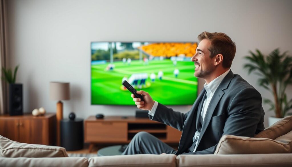 Generate an image of a person enjoying their favorite TV show on a large screen TV, with a remote control in hand. Generate an image of a person enjoying their favorite TV show on a large screen TV, with a remote control in hand.
