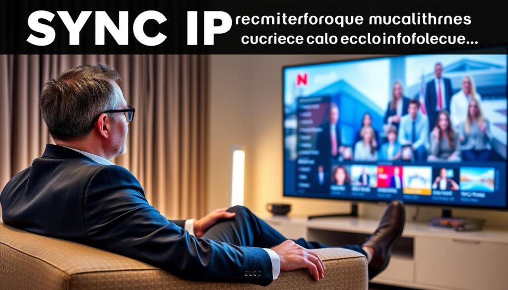 Generate an image of a person enjoying their favorite TV show on a large screen TV with a stable and clear stream, symbolizing SYNC IPTV's reliability. Generate an image of a person enjoying their favorite TV show on a large screen TV with a stable and clear stream, symbolizing SYNC IPTV's reliability.