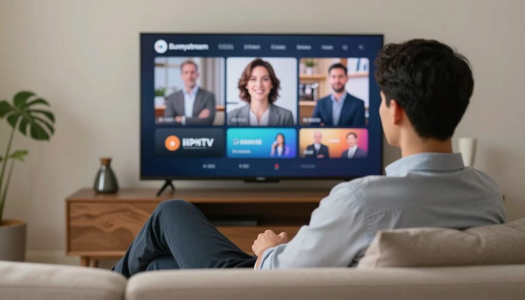 Generate an image of a person enjoying their favorite TV show on a large screen with a Bunnystream IPTV subscription. Generate an image of a person enjoying their favorite TV show on a large screen with a Bunnystream IPTV subscription.