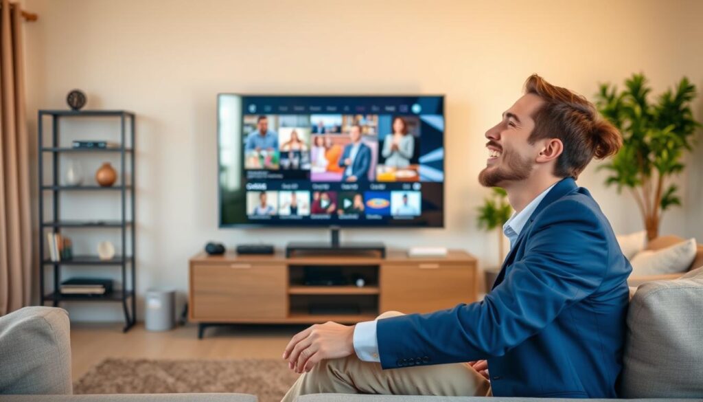 Generate an image of a person enjoying their favorite TV show on a large screen with a stable internet connection. Generate an image of a person enjoying their favorite TV show on a large screen with a stable internet connection.