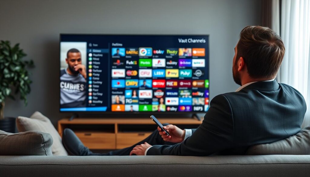 Generate an image of a person enjoying their favorite TV show on a large screen with a vast channel list on the screen. Generate an image of a person enjoying their favorite TV show on a large screen with a vast channel list on the screen.