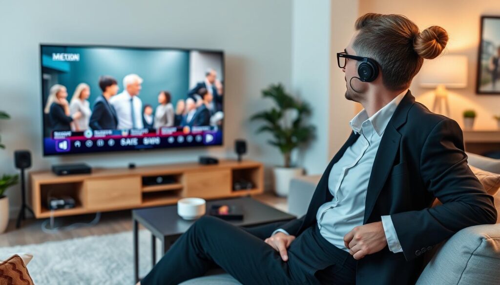 Generate an image of a person enjoying their favorite TV show on a large screen with multiple devices connected. Generate an image of a person enjoying their favorite TV show on a large screen with multiple devices connected.