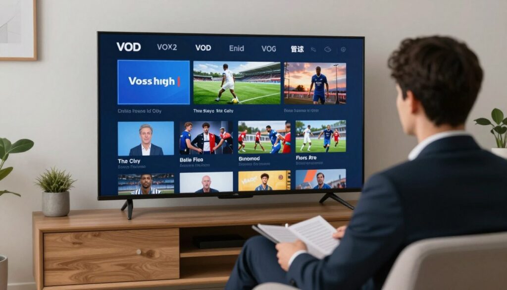 Generate an image of a person enjoying their favorite TV show on a smart TV, with a highlight on the extensive VOD library and elite sports selection. Generate an image of a person enjoying their favorite TV show on a smart TV, with a highlight on the extensive VOD library and elite sports selection.
