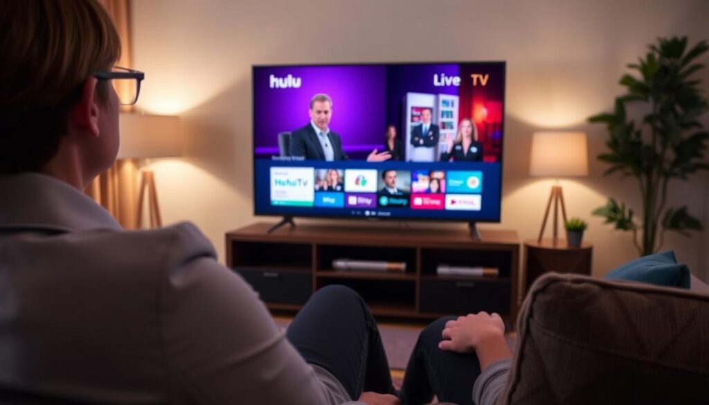 Generate an image of a person enjoying their favorite TV show on a smart TV with the Hulu + Live TV interface on the screen. Generate an image of a person enjoying their favorite TV show on a smart TV with the Hulu + Live TV interface on the screen.