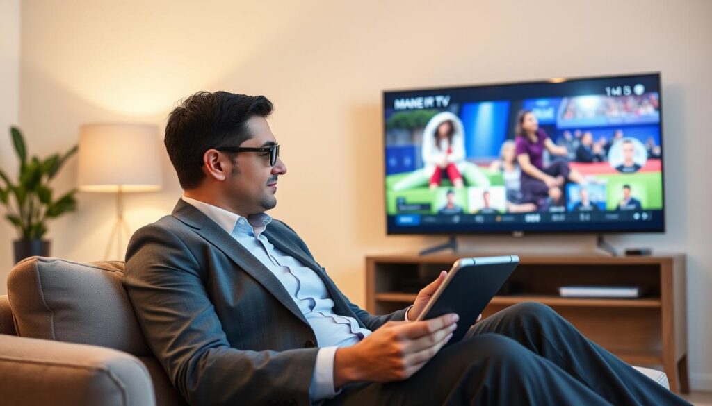 Generate an image of a person enjoying their favorite TV show on-demand using Majestic IPTV on a tablet. Generate an image of a person enjoying their favorite TV show on-demand using Majestic IPTV on a tablet.