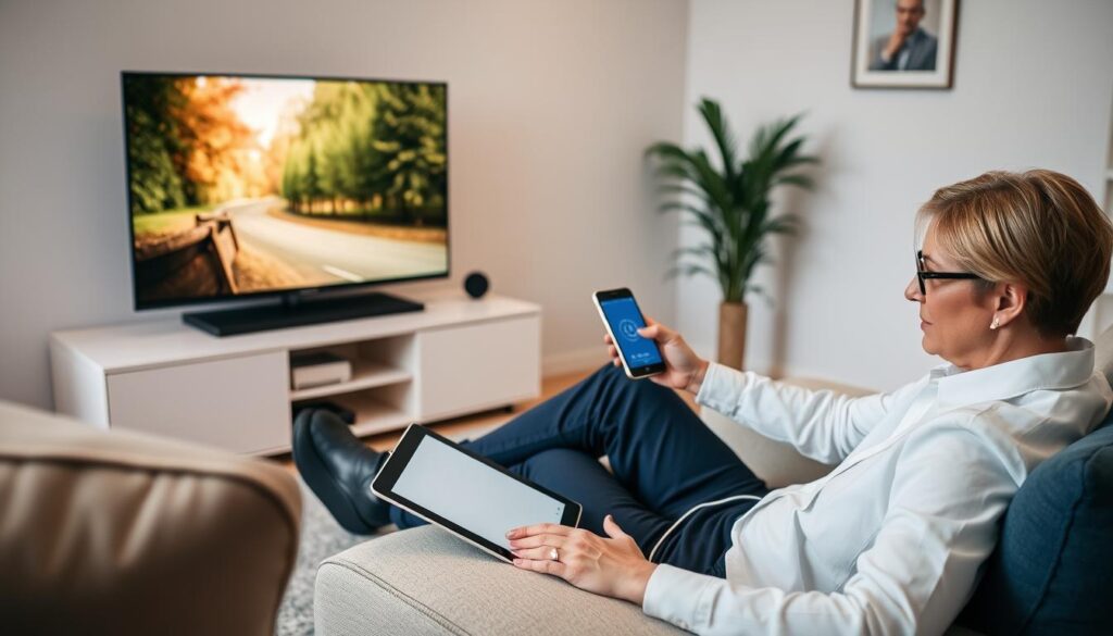 Generate an image of a person enjoying their favorite TV show on multiple devices. Generate an image of a person enjoying their favorite TV show on multiple devices.