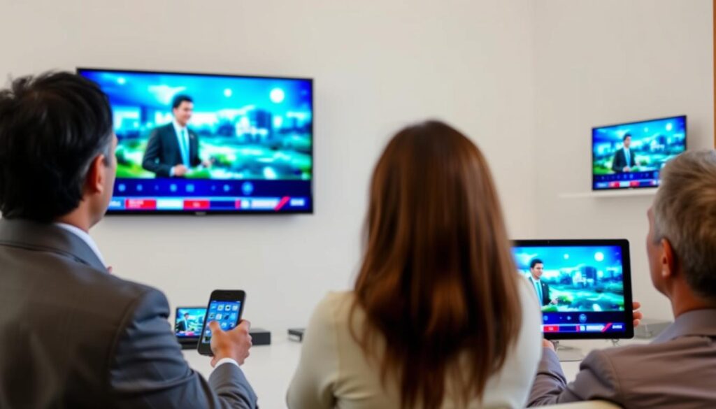 Generate an image of a person enjoying their favorite TV show on multiple devices with Comstar IPTV. Generate an image of a person enjoying their favorite TV show on multiple devices with Comstar IPTV.