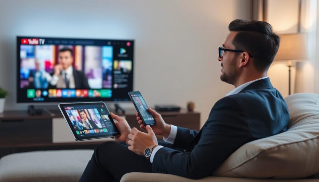 Generate an image of a person enjoying their favorite TV show on multiple devices with a YouTube TV subscription. Generate an image of a person enjoying their favorite TV show on multiple devices with a YouTube TV subscription.