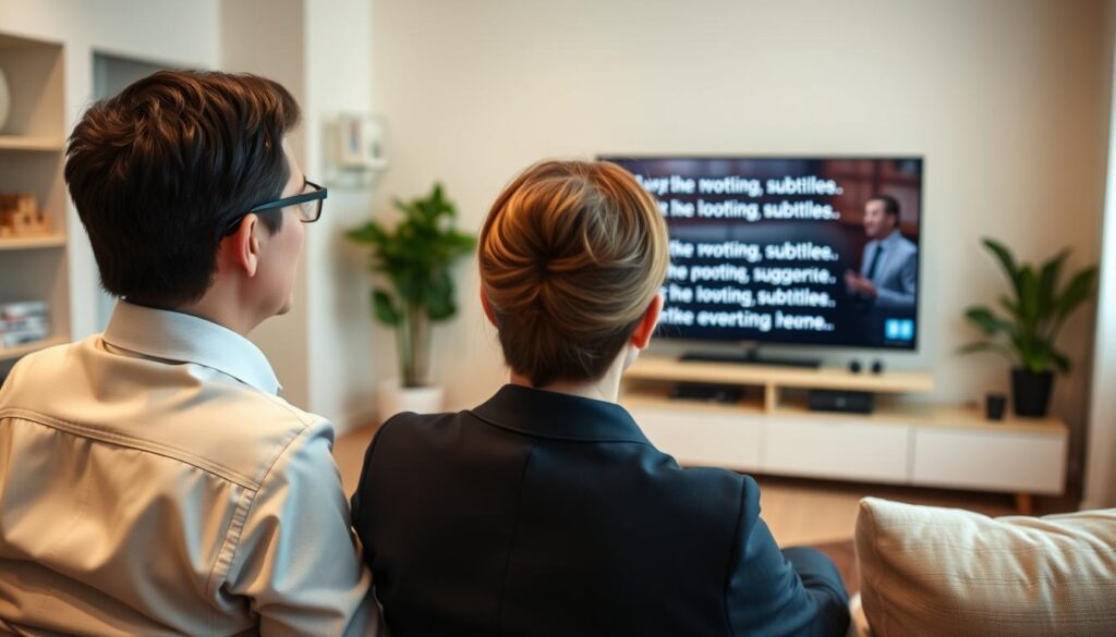 Generate an image of a person enjoying their favorite TV show with multiple subtitle options. Generate an image of a person enjoying their favorite TV show with multiple subtitle options.