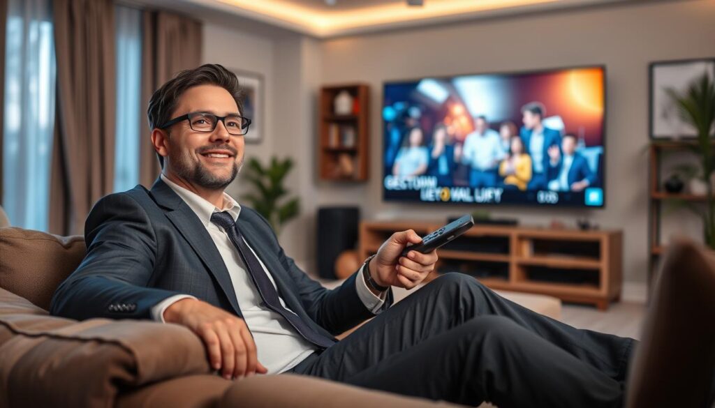 Generate an image of a person enjoying their favorite movie in 4K resolution on a large screen TV, with a remote control in hand and a satisfied expression. Generate an image of a person enjoying their favorite movie in 4K resolution on a large screen TV, with a remote control in hand and a satisfied expression.