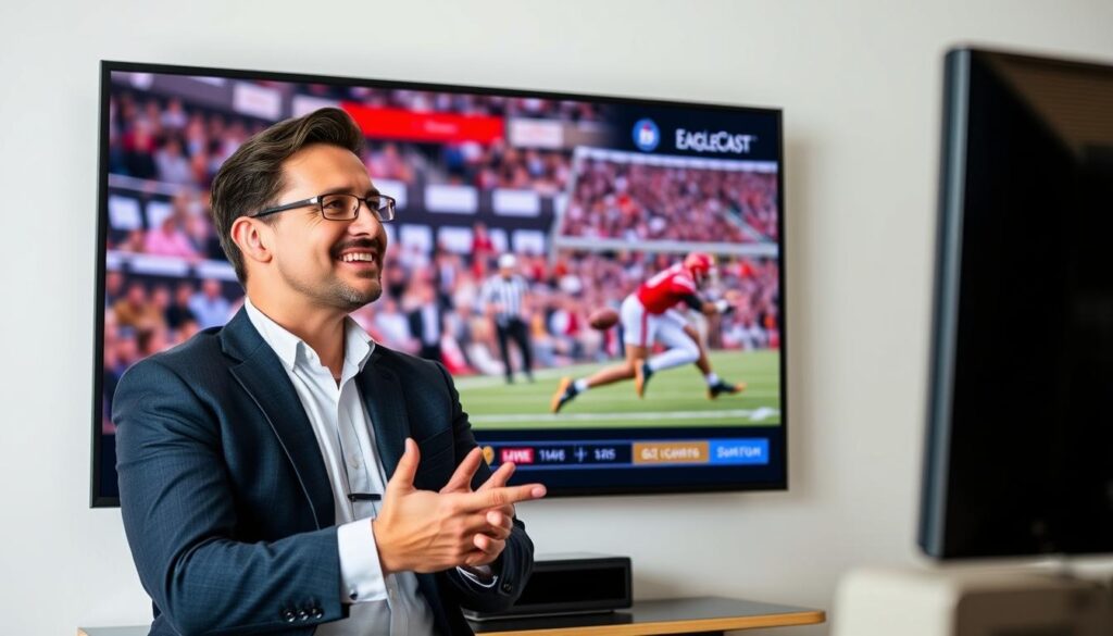 Generate an image of a person enjoying their favorite sports channel on EagleCast TV. Generate an image of a person enjoying their favorite sports channel on EagleCast TV.