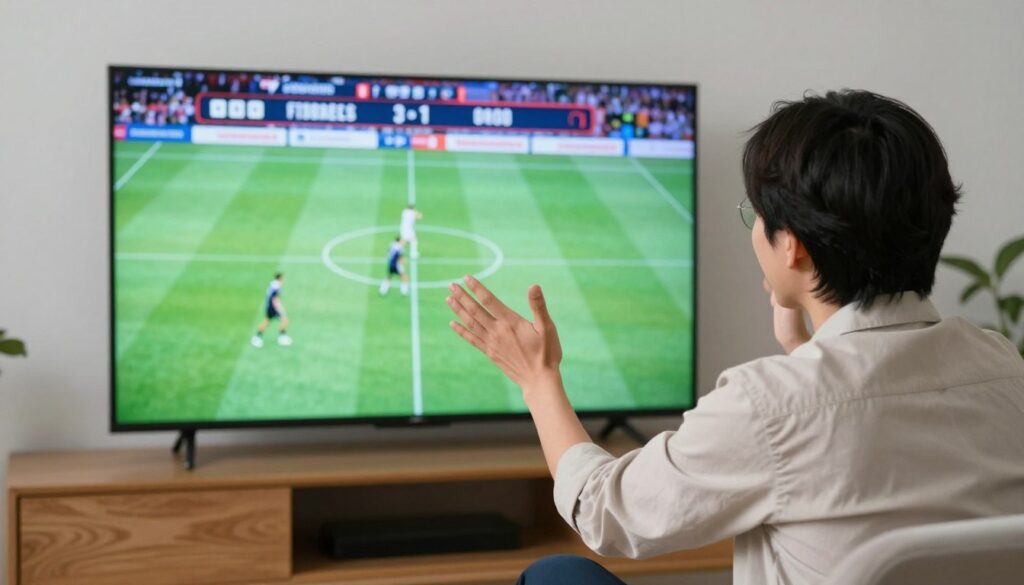 Generate an image of a person enjoying their favorite sports game on a large screen TV with a stable stream. Generate an image of a person enjoying their favorite sports game on a large screen TV with a stable stream.