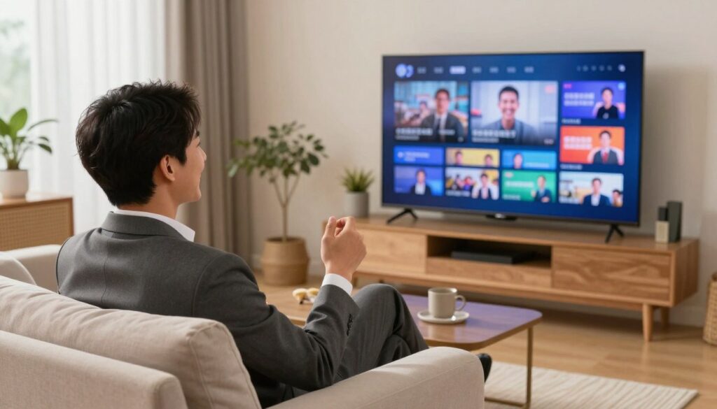 Generate an image of a person enjoying various TV channels on a big screen with a satisfied expression. Generate an image of a person enjoying various TV channels on a big screen with a satisfied expression.