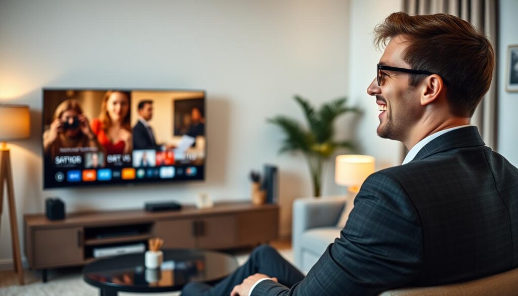 Generate an image of a person happily streaming their favorite show on a budget-friendly IPTV service Generate an image of a person happily streaming their favorite show on a budget-friendly IPTV service