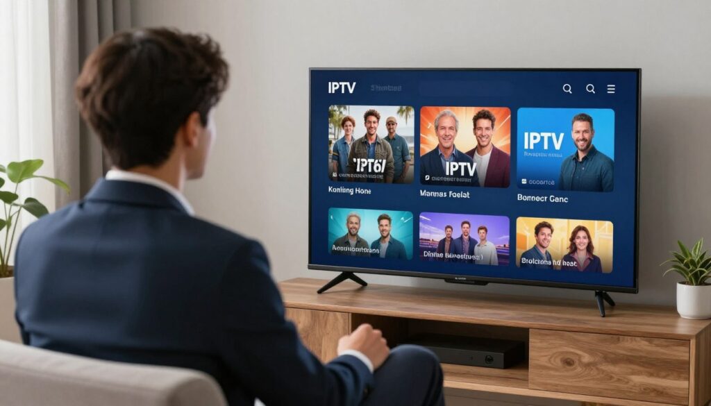 Generate an image of a person happily watching TV on a budget-friendly IPTV service Generate an image of a person happily watching TV on a budget-friendly IPTV service
