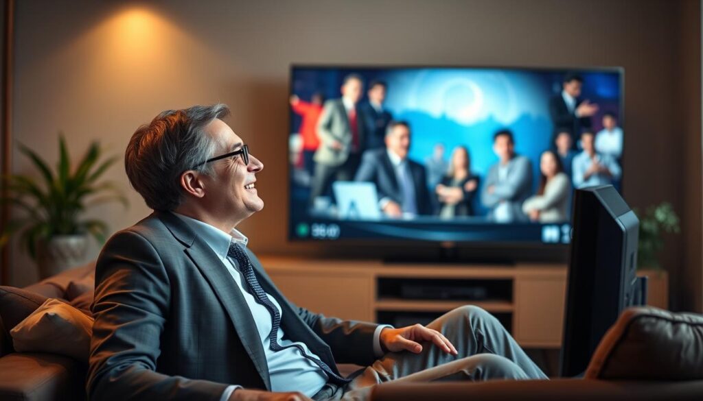 Generate an image of a person happily watching TV on a budget-friendly IPTV service Generate an image of a person happily watching TV on a budget-friendly IPTV service