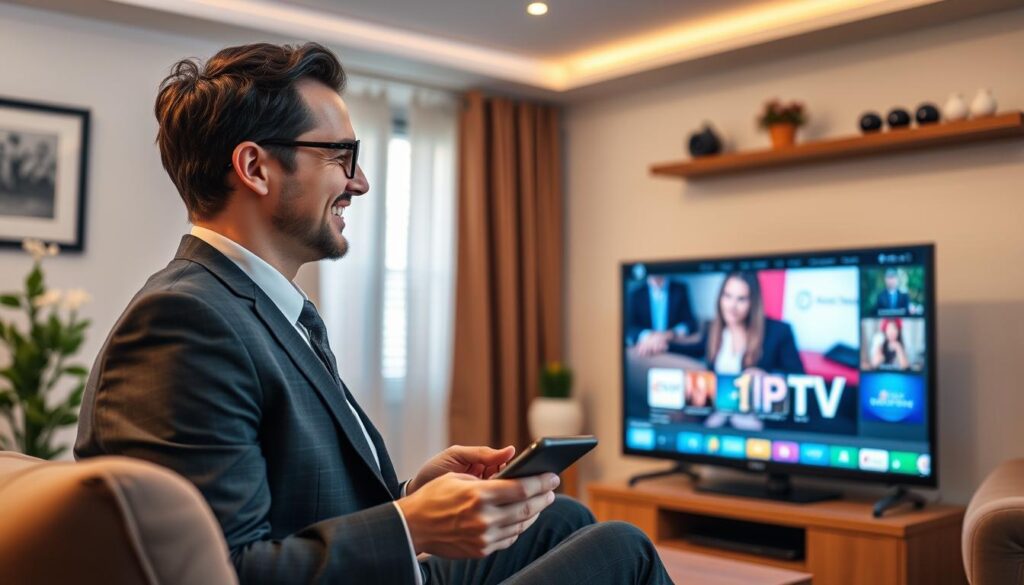 Generate an image of a person happily watching TV on a budget-friendly IPTV service on their device. Generate an image of a person happily watching TV on a budget-friendly IPTV service on their device.