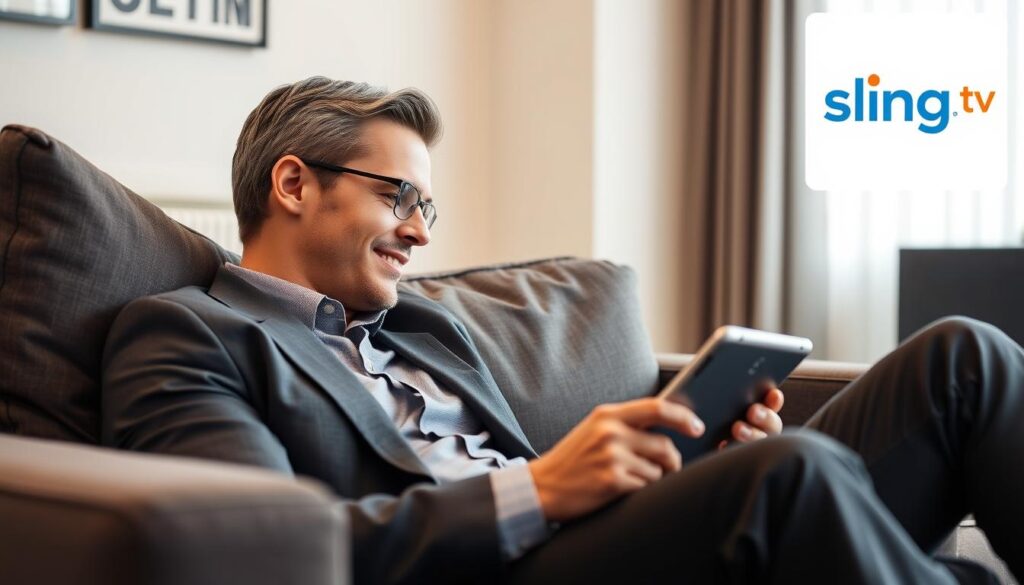 Generate an image of a person happily watching TV on their device with a Sling TV logo in the corner. Generate an image of a person happily watching TV on their device with a Sling TV logo in the corner.