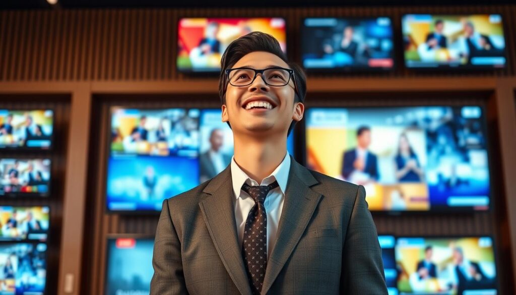 Generate an image of a person happily watching TV with multiple screens displaying various channels. Generate an image of a person happily watching TV with multiple screens displaying various channels.