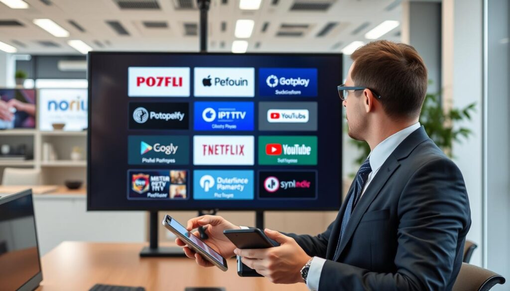 Generate an image of a person selecting from various IPTV subscription packages. Generate an image of a person selecting from various IPTV subscription packages.