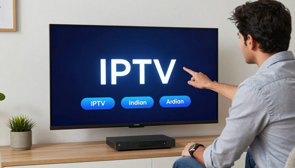 Generate an image of a person setting up IPTV Indian service on their TV Generate an image of a person setting up IPTV Indian service on their TV