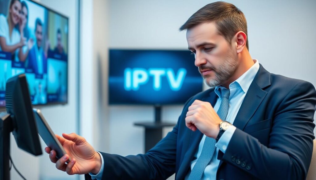 Generate an image of a person setting up IPTV Portuguese on their device Generate an image of a person setting up IPTV Portuguese on their device