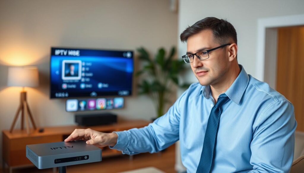 Generate an image of a person setting up an IPTV service on their device Generate an image of a person setting up an IPTV service on their device