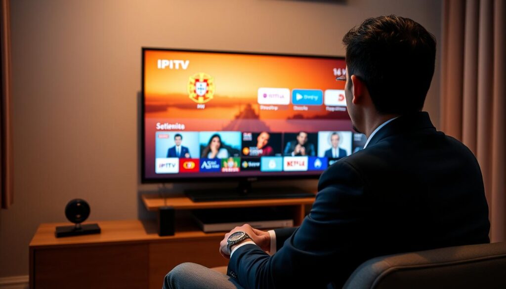 Generate an image of a person streaming IPTV Portuguese content on a TV with a VPN connection. Generate an image of a person streaming IPTV Portuguese content on a TV with a VPN connection.