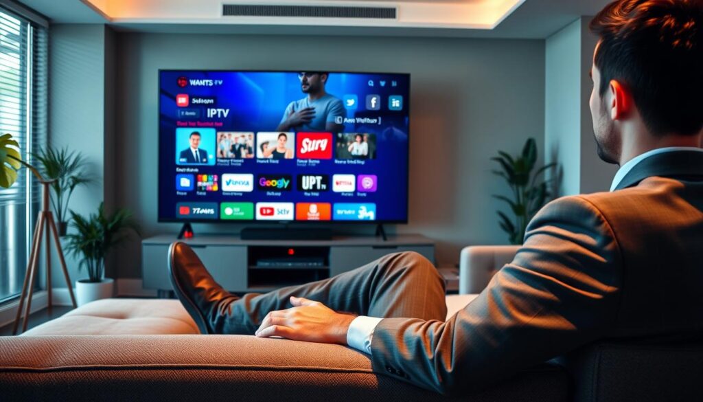 Generate an image of a person streaming IPTV content on a TV with a VPN connection Generate an image of a person streaming IPTV content on a TV with a VPN connection