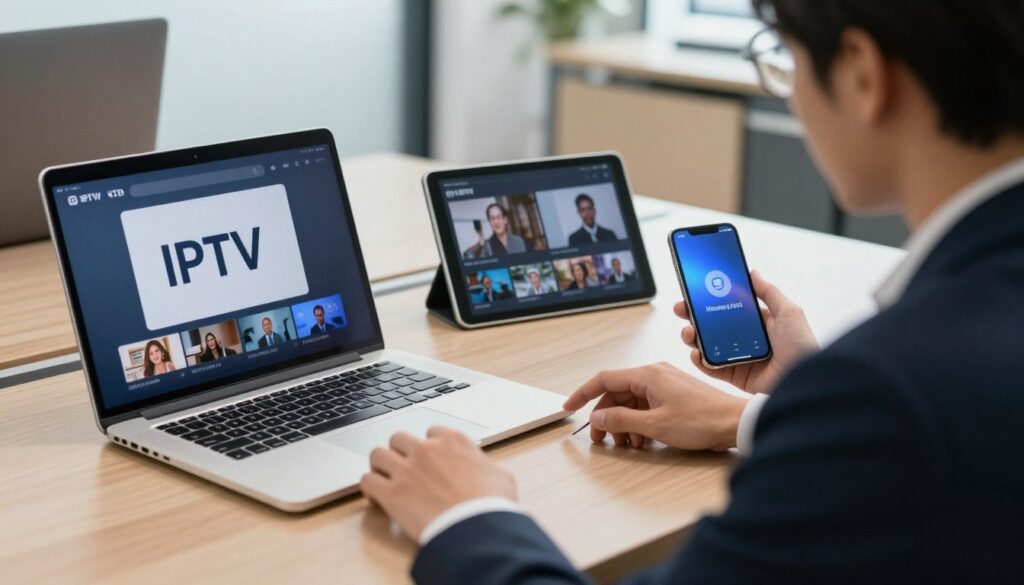Generate an image of a person streaming IPTV on multiple devices Generate an image of a person streaming IPTV on multiple devices