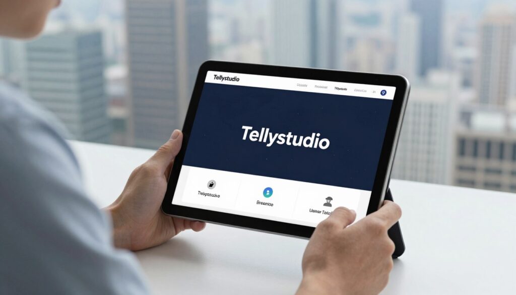 Generate an image of a person streaming content on a tablet, with a cityscape in the background, highlighting the global accessibility of Tellystudio. Generate an image of a person streaming content on a tablet, with a cityscape in the background, highlighting the global accessibility of Tellystudio.