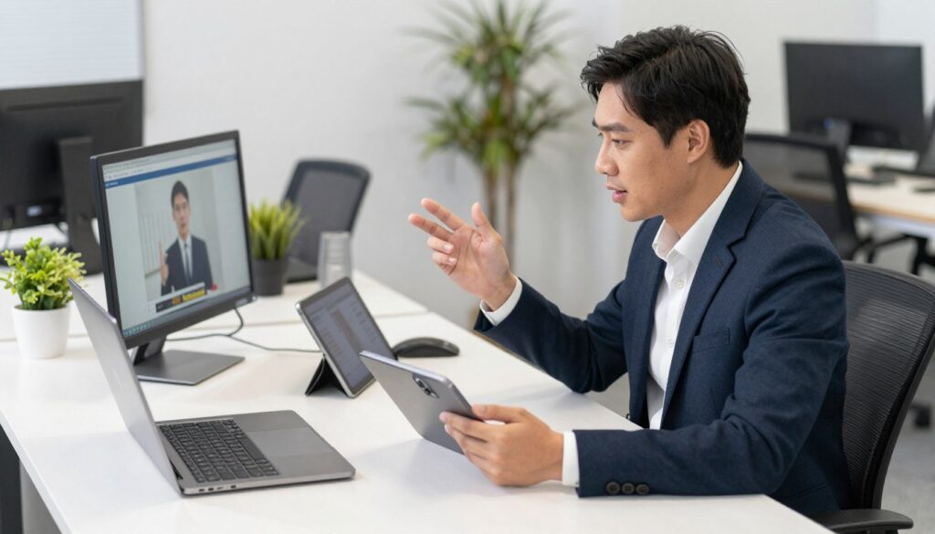 Generate an image of a person streaming content on multiple devices Generate an image of a person streaming content on multiple devices