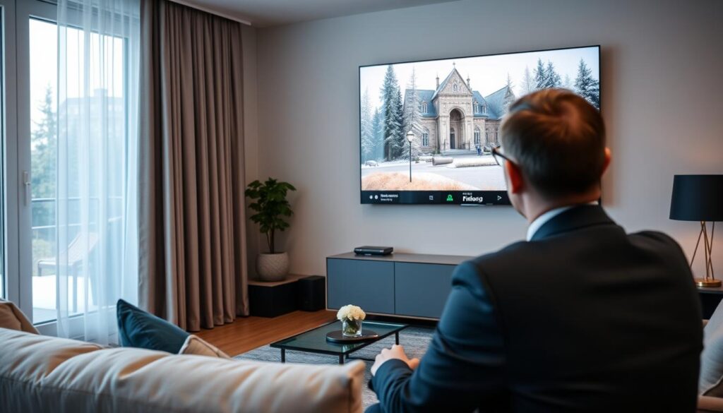 Generate an image of a person streaming their favorite Finnish TV show on a smart TV using Finland IPTV. Generate an image of a person streaming their favorite Finnish TV show on a smart TV using Finland IPTV.