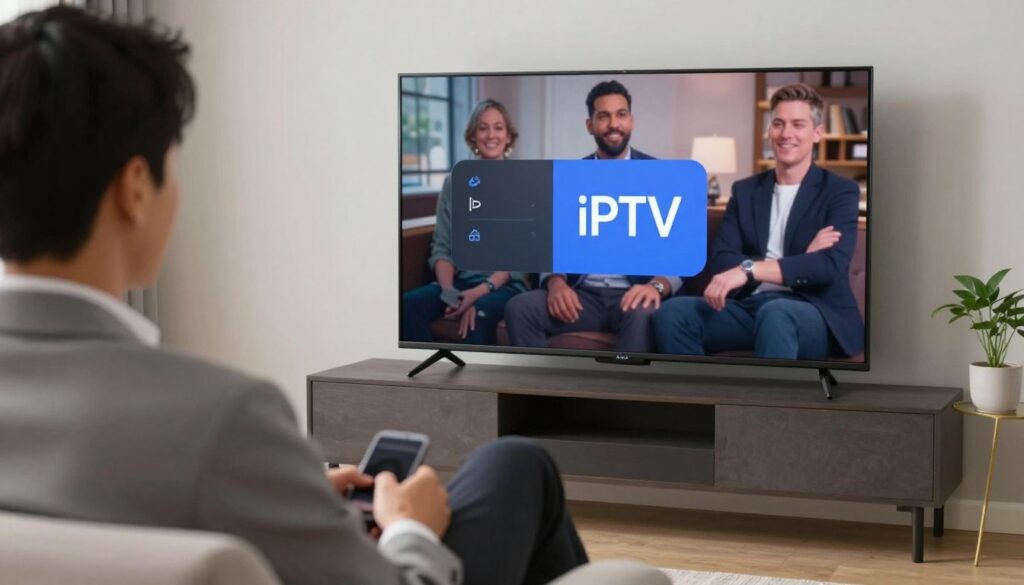 Generate an image of a person streaming their favorite TV show on a smart TV using one of the top IPTV services. Generate an image of a person streaming their favorite TV show on a smart TV using one of the top IPTV services.