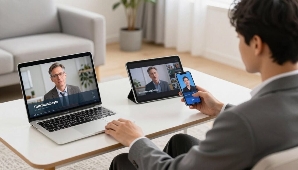 Generate an image of a person streaming their favorite TV show on multiple devices Generate an image of a person streaming their favorite TV show on multiple devices