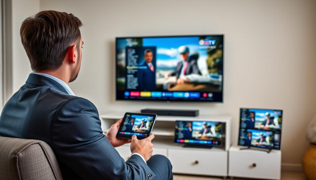 Generate an image of a person streaming their favorite TV show on multiple devices using Lion IPTV. Generate an image of a person streaming their favorite TV show on multiple devices using Lion IPTV.
